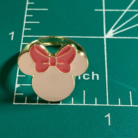 Vintage Disney Minnie Mouse Ring Size 7 8 Pink Bow Signed Adjustable Enamel - Picture 12 of 12